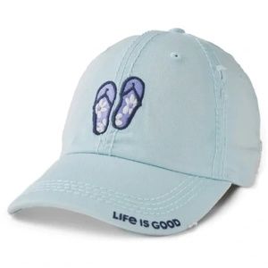 NWT Life is Good - Daisy Flip Flops Tattered Sunwashed Chill Cap/Hat Light Blue